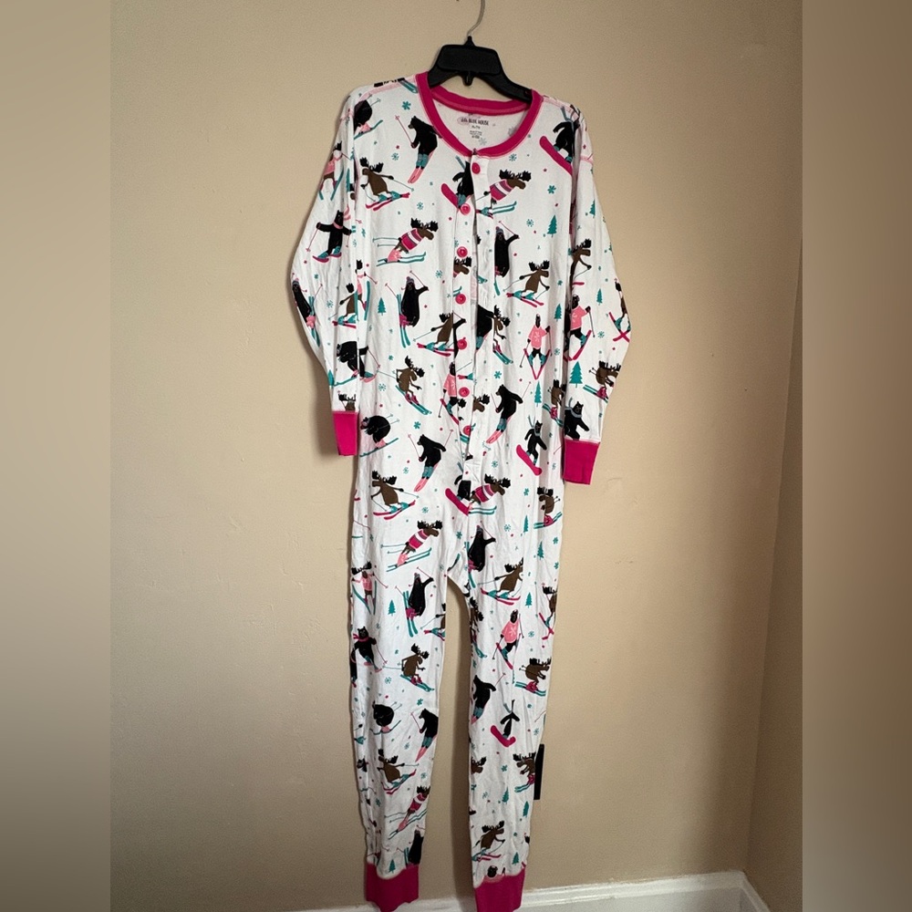 Little Blue House one piece pajamas. Adult size XL. Skiing bears. “Trap door”